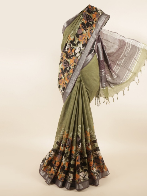 

Pothys Green & Brown Floral Zari Linen Blend Saree