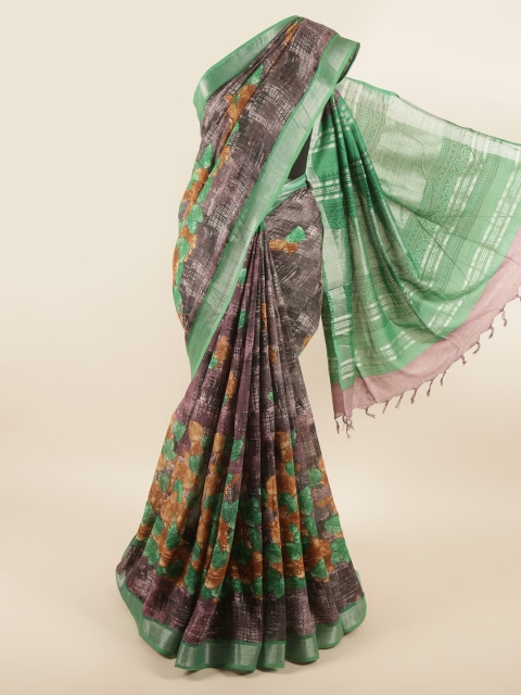 

Pothys Brown & Green Floral Zari Linen Blend Saree