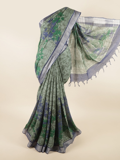 

Pothys Green & Navy Blue Floral Zari Linen Blend Saree