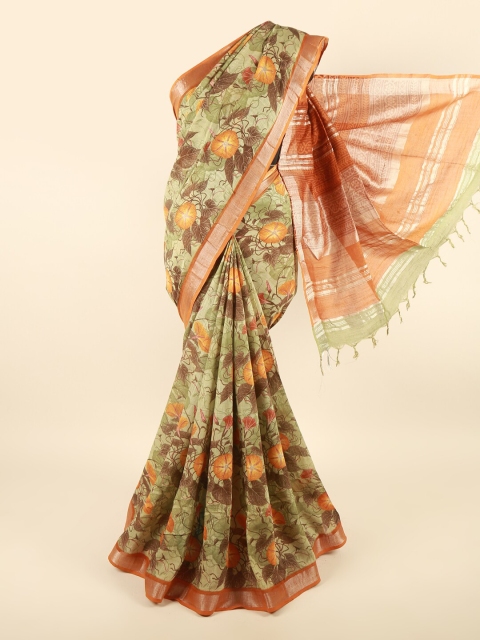 

Pothys Green & Orange Floral Printed Linen Blend Saree