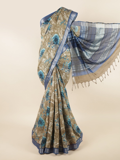 

Pothys Olive Green & Blue Floral Zari Linen Blend Saree