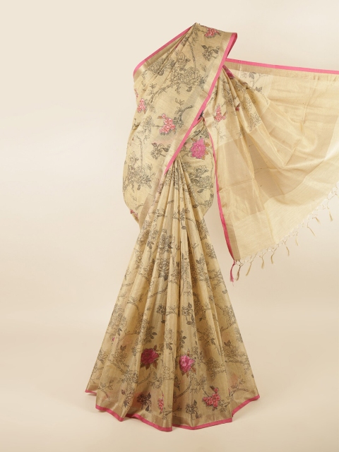 

Pothys Cream-Coloured & Magenta Floral Printed Jute Cotton Saree