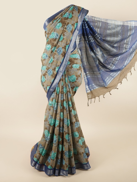 

Pothys Olive Green & Blue Floral Zari Linen Blend Saree
