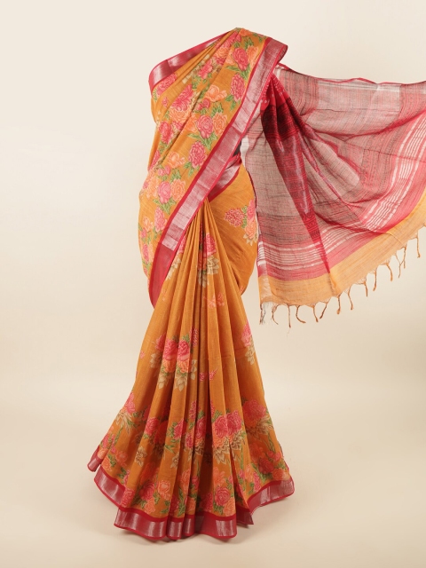 

Pothys Orange & Pink Floral Zari Linen Blend Saree
