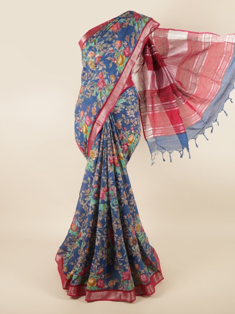 

Pothys Blue & Magenta Floral Linen Blend Saree
