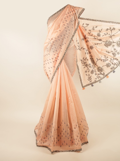 

Pothys Peach-Coloured & Grey Floral Printed Saree