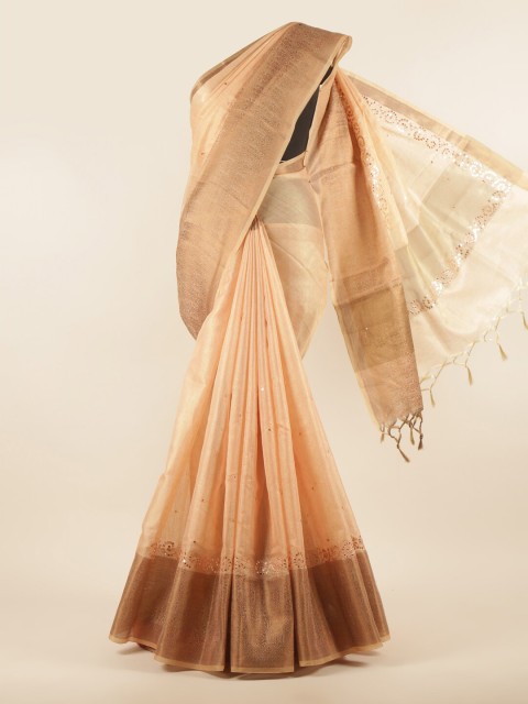 

Pothys Peach-Coloured & Gold-Coloured Mirror Work Jute Cotton Saree