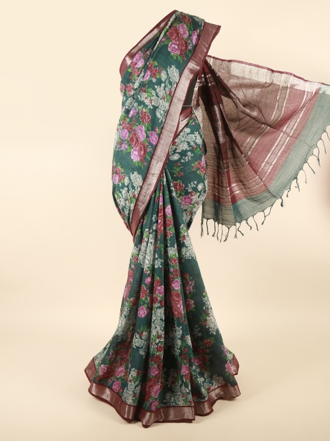 

Pothys Green & Pink Floral Zari Border Linen Blend Saree