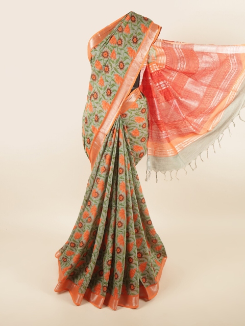 

Pothys Green & Orange Floral Linen Blend Saree