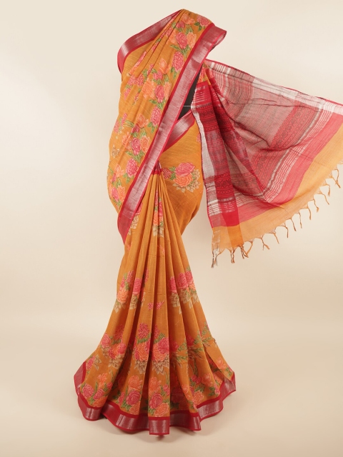 

Pothys Orange & Magenta Floral Zari Linen Blend Saree