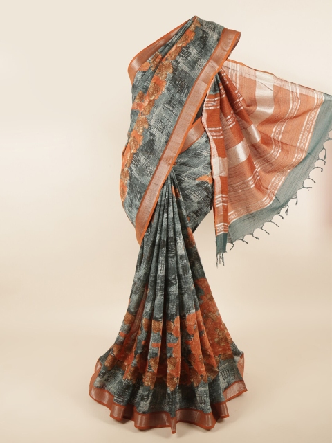 

Pothys Grey & Orange Floral Zari Linen Blend Saree