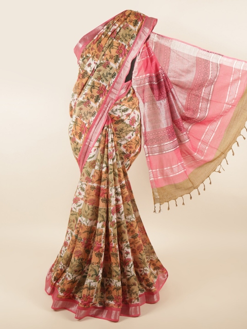 

Pothys Pink & Green Floral Zari Linen Blend Saree