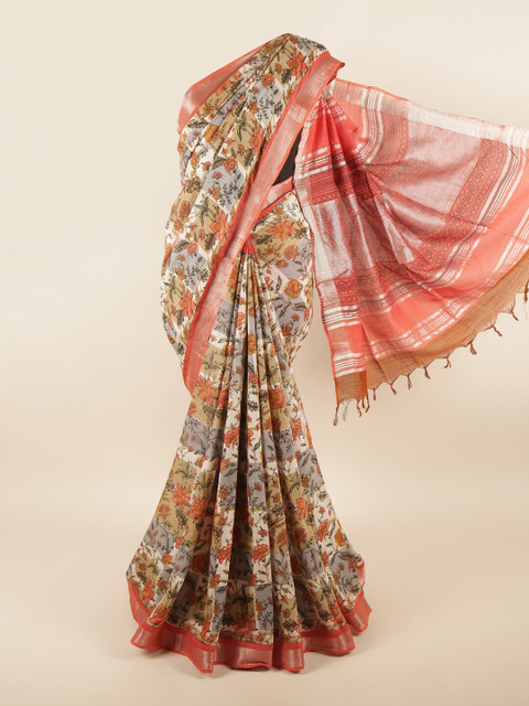 

Pothys Grey & Coral Floral Zari Linen Blend Saree