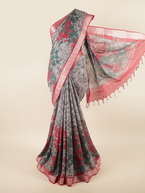 

Pothys Grey & Silver-Toned Floral Zari Linen Blend Saree