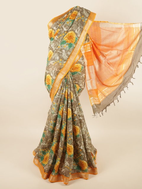 

Pothys Grey & Orange Floral Zari Linen Blend Saree