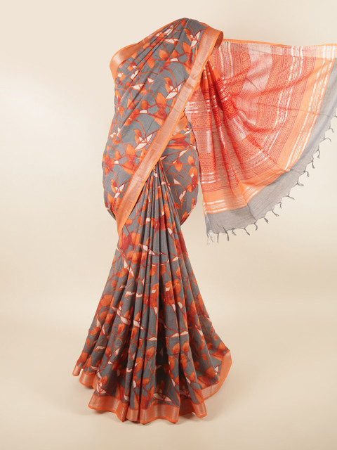 

Pothys Grey & Orange Floral Linen Blend Saree