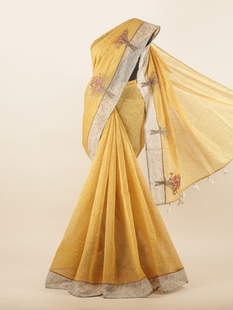 

Pothys Mustard & Off White Floral Embroidered Saree