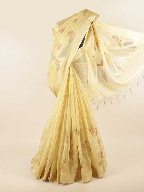 

Pothys Gold-Toned & Pink Floral Zari Jute Cotton Saree