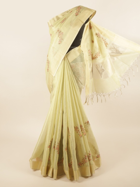 

Pothys Green & Gold-Coloured Ethnic Motifs Embroidered Jute Cotton Saree
