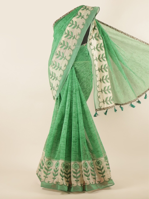 

Pothys Green & Off White Floral Printed Supernet Saree