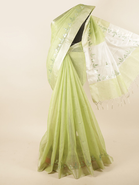 

Pothys Green & Silver-Coloured Embellished Mirror Work Jute Cotton Saree
