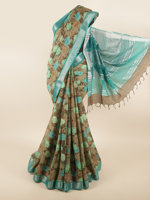 

Pothys Olive Green & Blue Floral Linen Blend Saree