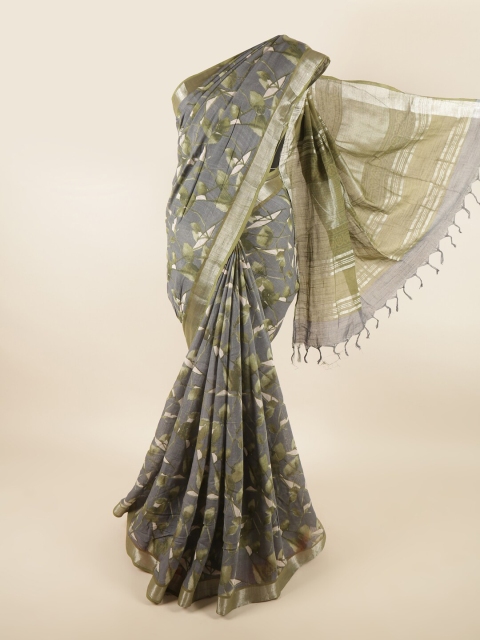 

Pothys Grey & Green Printed Linen Blend Saree
