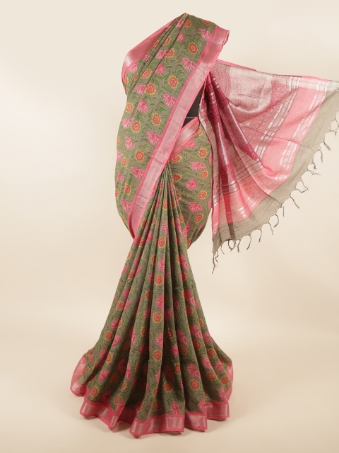 

Pothys Green & Pink Floral Printed Zari Linen Blend Saree