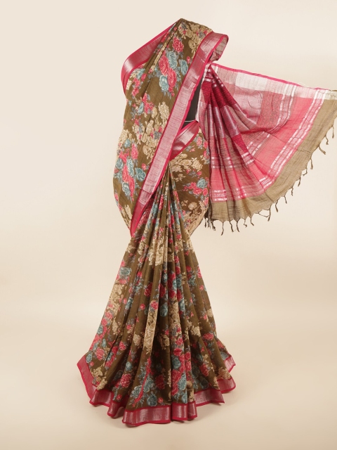 

Pothys Green & Red Floral Zari Linen Blend Saree