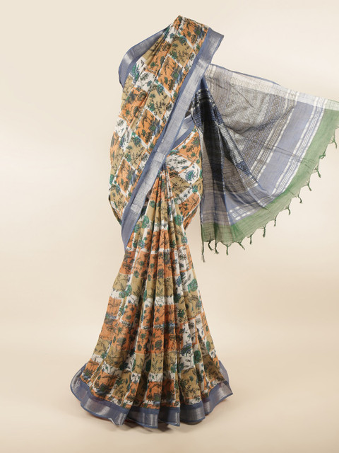 

Pothys Green & Orange Floral Printed Linen Blend Saree