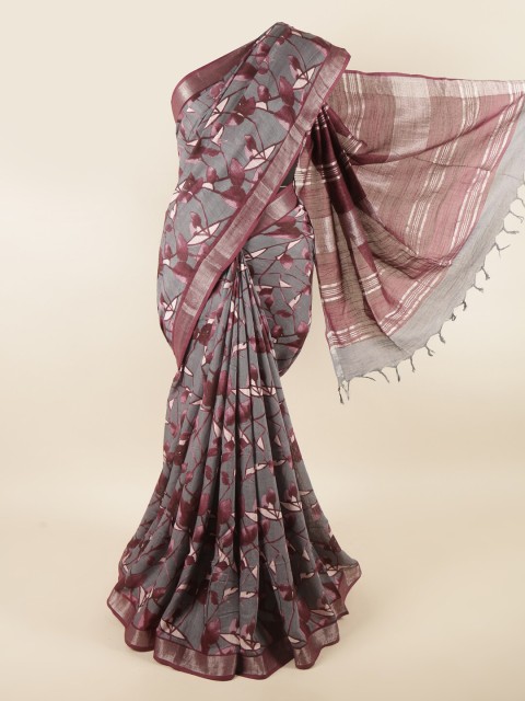 

Pothys Grey & Purple Floral Linen Blend Saree