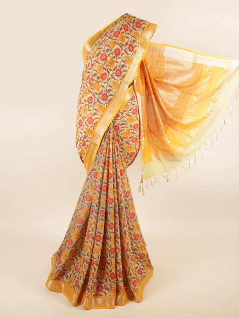 

Pothys Yellow & Gold-Toned Floral Zari Linen Blend Saree