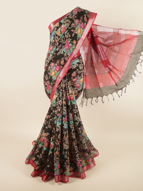 

Pothys Black & Red Floral Printed Linen Blend Saree