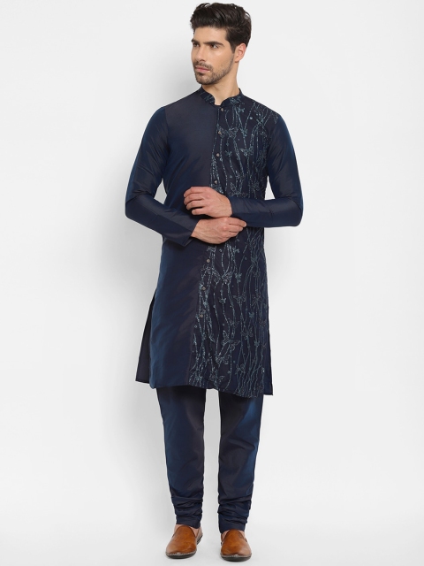 

EthnoVogue Men Navy Blue Embroidered Made To Measure Kurta with Pyjamas