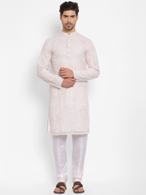 

EthnoVogue Men Off-White & Gold-Coloured Floral Embroidered Sequinned Kurta with Churidar