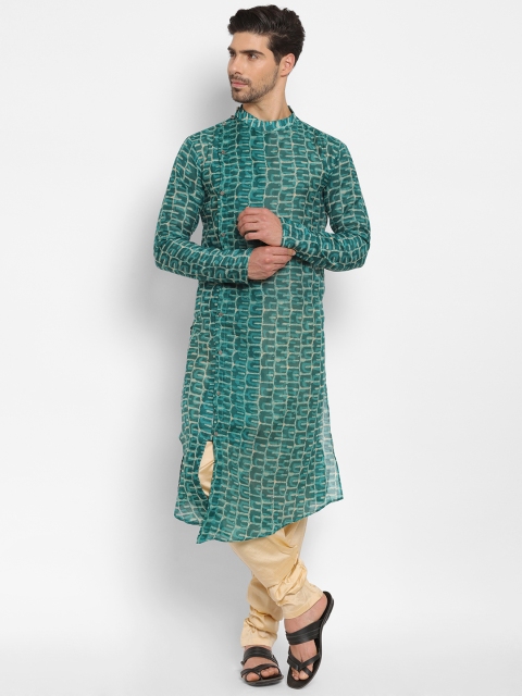 

EthnoVogue Men Teal Blue & Beige Printed Angrakha Kurta with Pyjamas