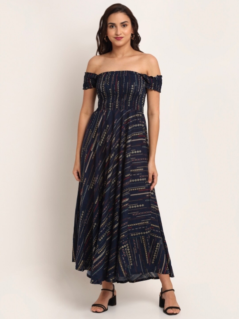 

Aawari Blue Ethnic Motifs Printed Off-Shoulder Maxi Dress