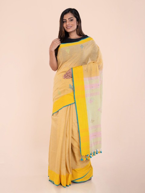 

ArtEastri Women Yellow Pure Cotton Handloom Jamdani Saree
