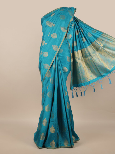 

Pothys Blue & Gold-Toned Woven Design Zari Jute Silk Saree