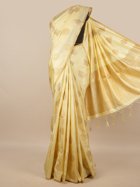 

Pothys Cream-Coloured & Gold-Toned Ethnic Motifs Jute Silk Saree