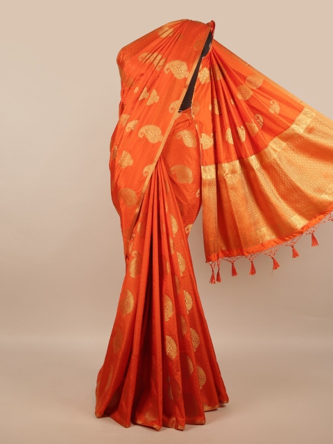 

Pothys Orange & Gold-Toned Paisley Zari Jute Silk Saree