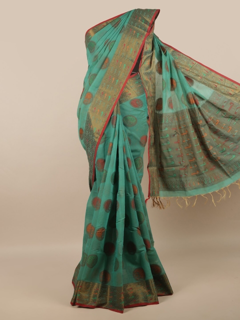 

Pothys Green & Gold-Toned Ethnic Motifs Jute Silk Saree