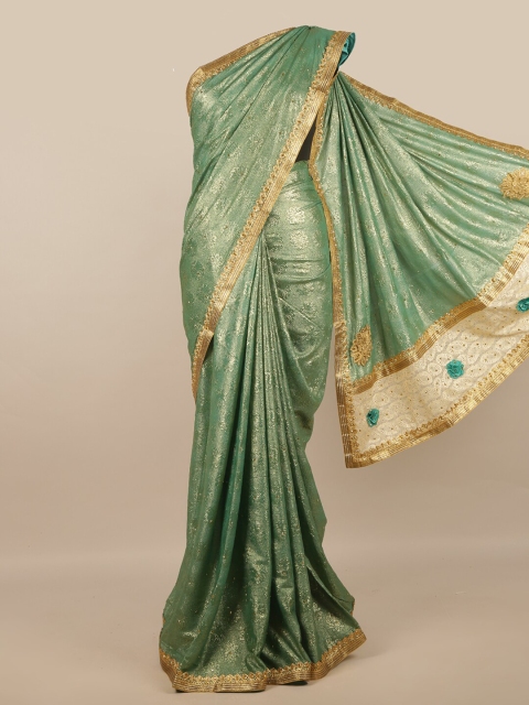 

Pothys Green & Gold-Toned Floral Beads and Stones Saree