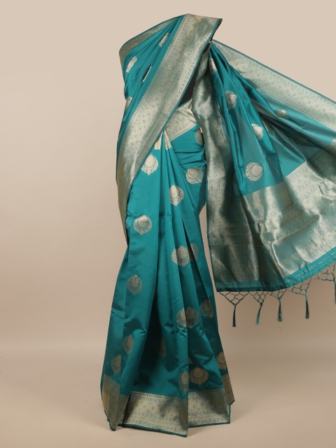 

Pothys Teal & Silver-Toned Ethnic Motifs Jute Silk Saree
