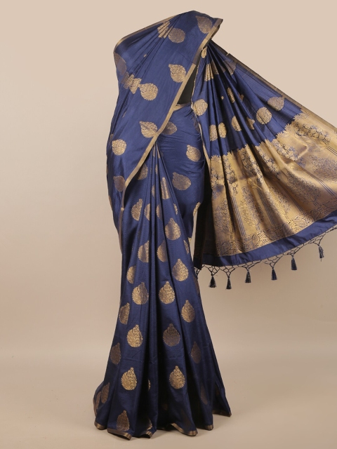 

Pothys Navy Blue & Gold-Toned Woven Design Zari Jute Silk Saree