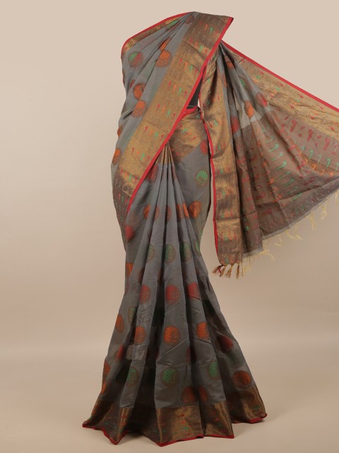 

Pothys Grey & Gold-Toned Paisley Woven Design Zari Jute Silk Saree