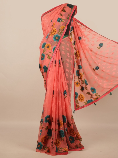 

Pothys Poly Chiffon Peach-Coloured Floral Saree