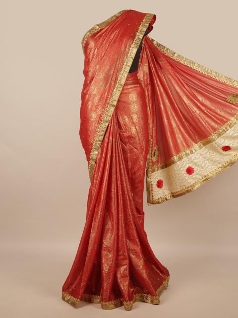 

Pothys Red & Gold-Coloured Floral Embellished Beads and Stones Saree