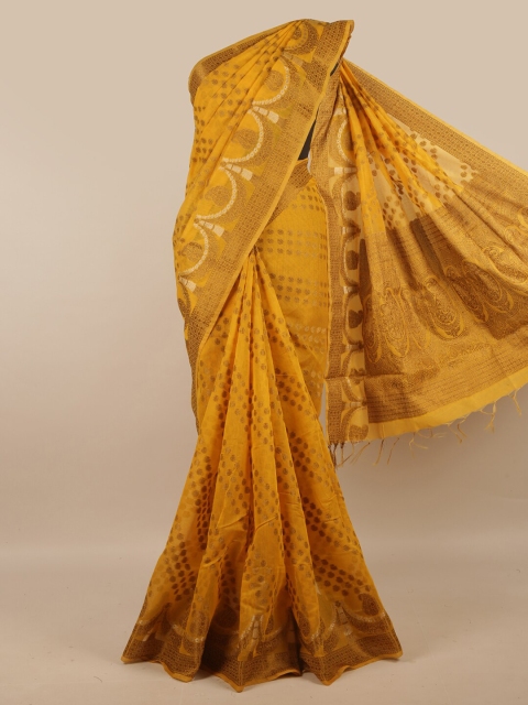

Pothys Mustard & Gold-Toned Ethnic Motifs Zari Jute Silk Saree