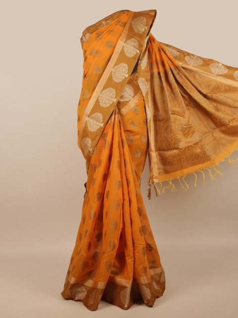 

Pothys Mustard & Gold-Toned Woven Design Zari Jute Silk Saree